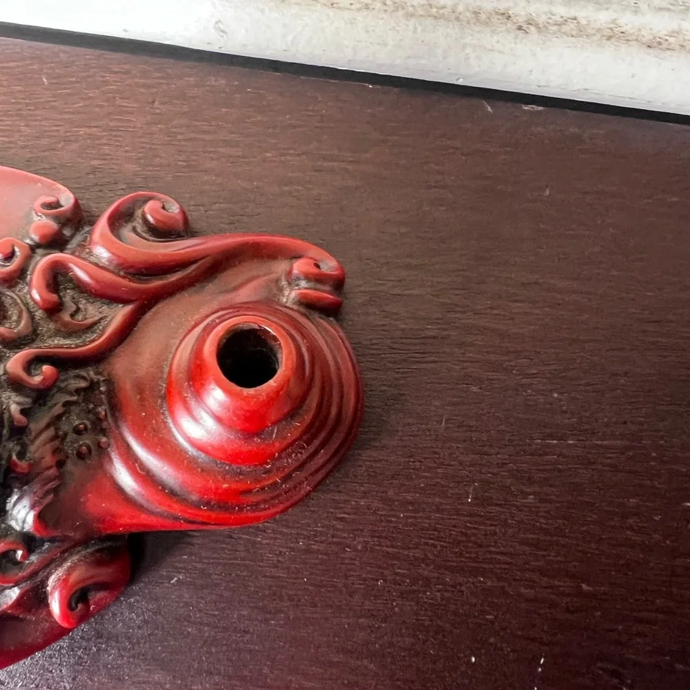 Vintage Red Resin Goat Pen Holder, Mandarin Product, Double Pen Stand